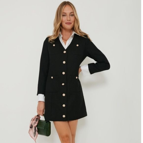 Pomander Place | NEW Black Tweed Keira Long Sleeve Mini Dress Size M - Picture 1 of 12